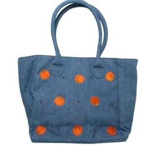 Denim Tote Bag Pumpkin Embroidered Novelty Shoulder Bag Unique Purse for Fall